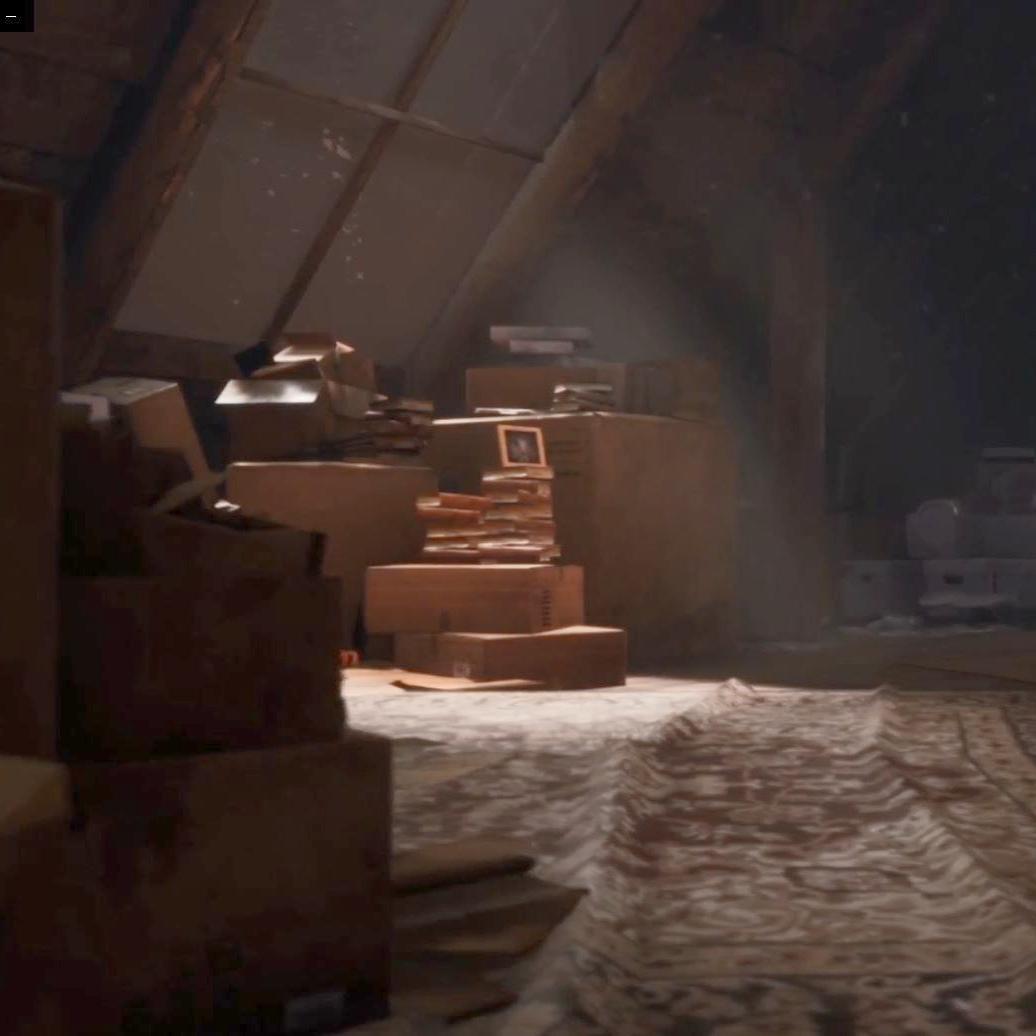 Screen capture from a virtual reality environment showing light shining from a window over boxes and furniture in an attic. 