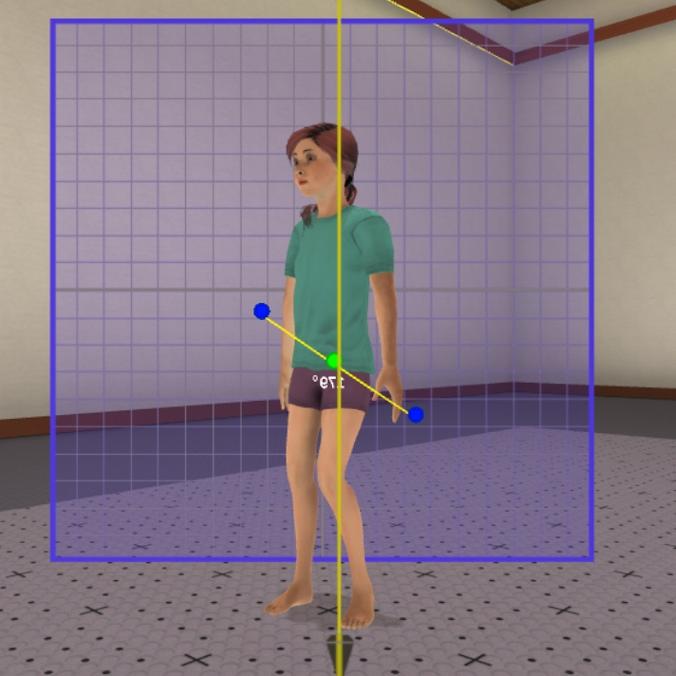 Model of a child in a cross-reality environment used for training physical therapy students.