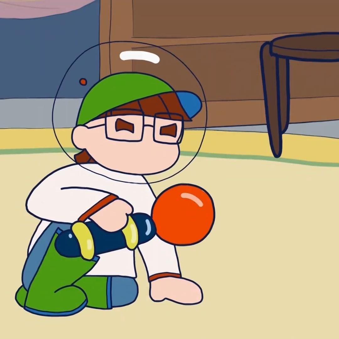 Animation drawing of a small boy holding a balloon gun.